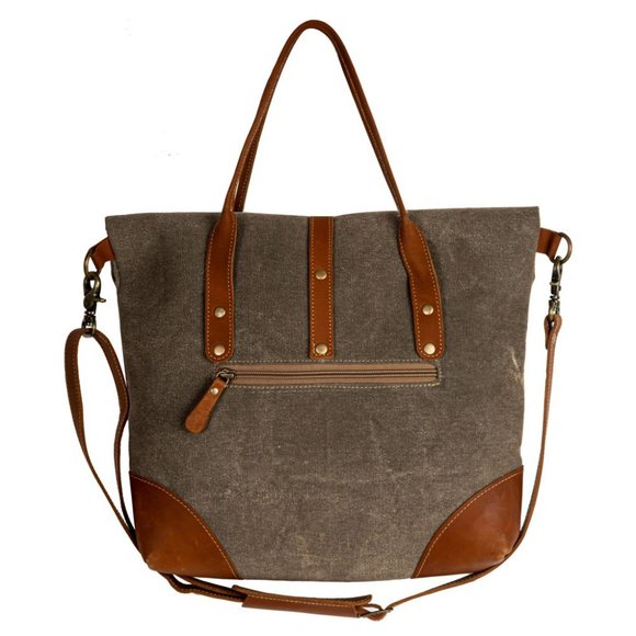 Myra Bag Handmade Hand Shoulder Bag Upcycled Canvas & Cowhide Leather - Picture 7 of 10